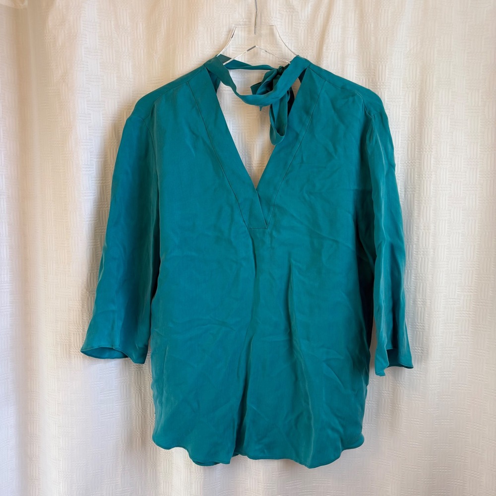 Sandro Paris Teal Green Tie Neck V-Neck Renza Blouse Top Womens Size 3 Large NWT